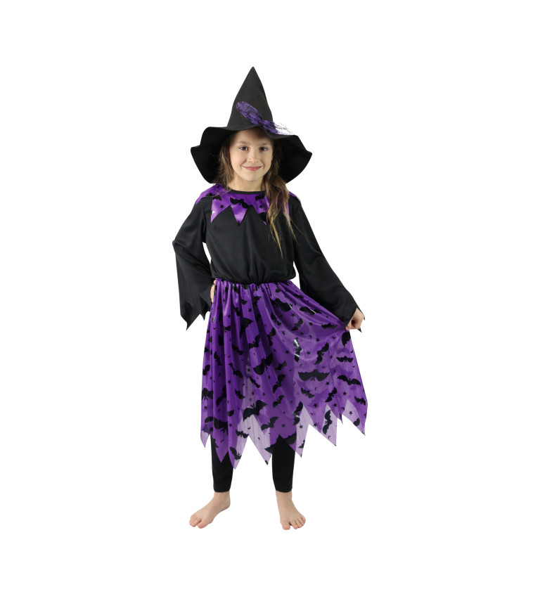 Dětský kostým Čarodějnice - fialový, netopýři