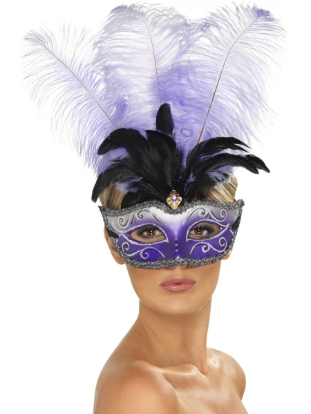 Benátská maska - Fialová s peřím