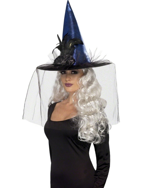 Čarodějnický klobouk s peřím - modrý