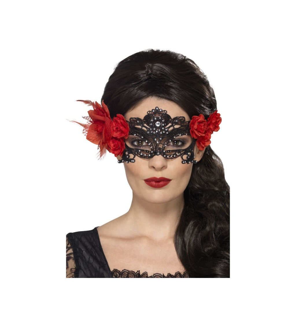 Krajková maska s růžemi - černá