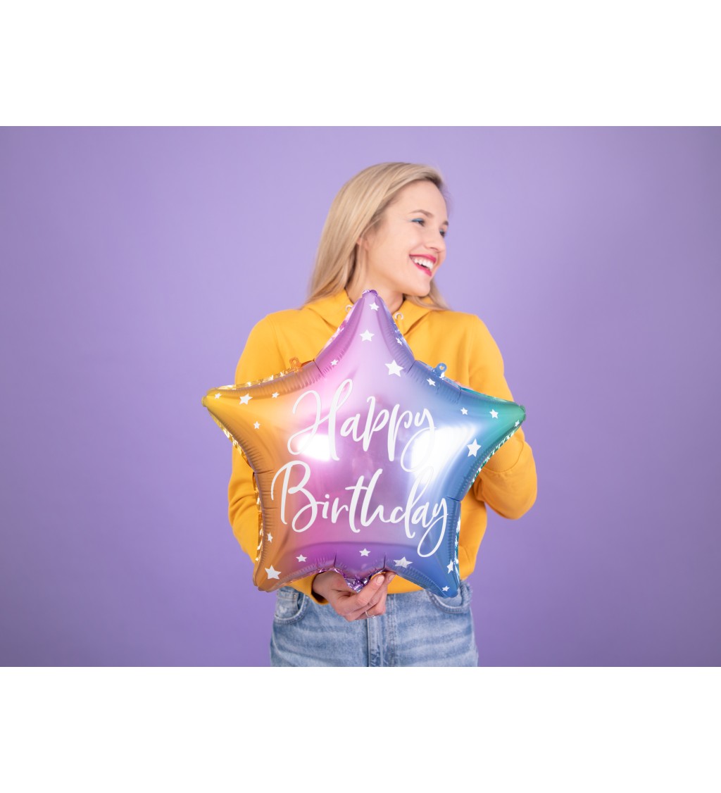 Duhový hvězdičkový balónek Happy Birthday - fóliový