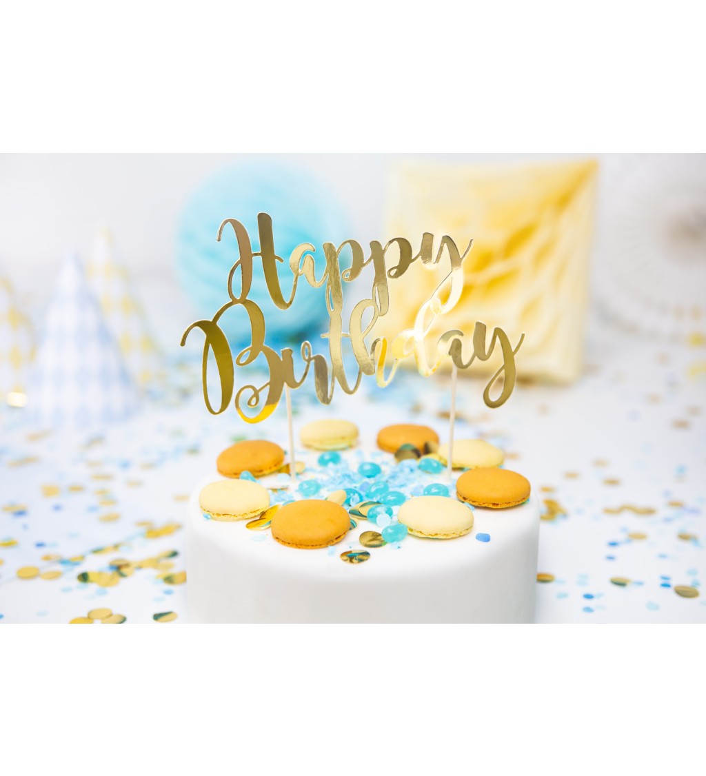 Ozdoba na dort - Happy Birthday zlatá
