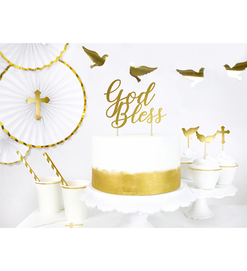 Ozdoba na dort - God Bless zlatá