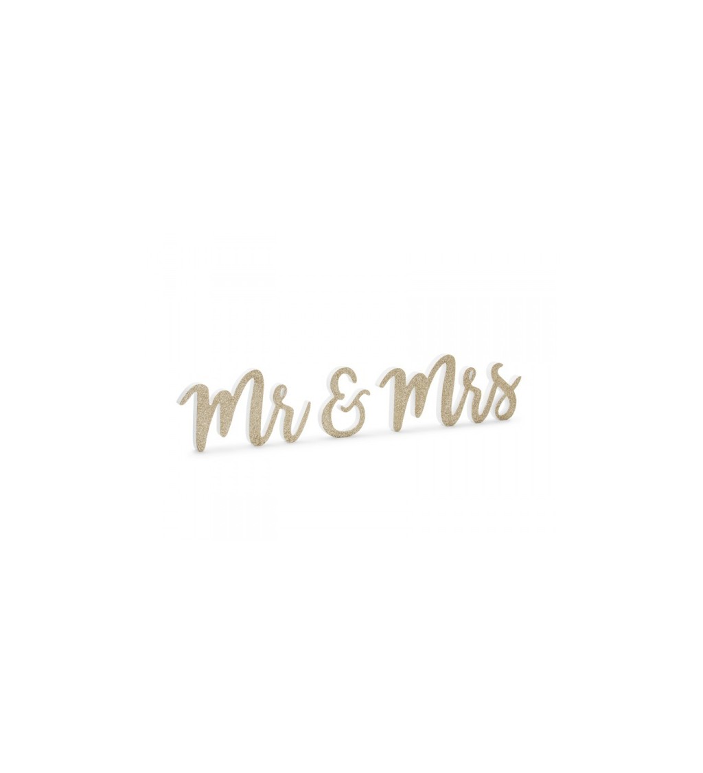 Zlatý dřevěný nápis Mr & Mrs