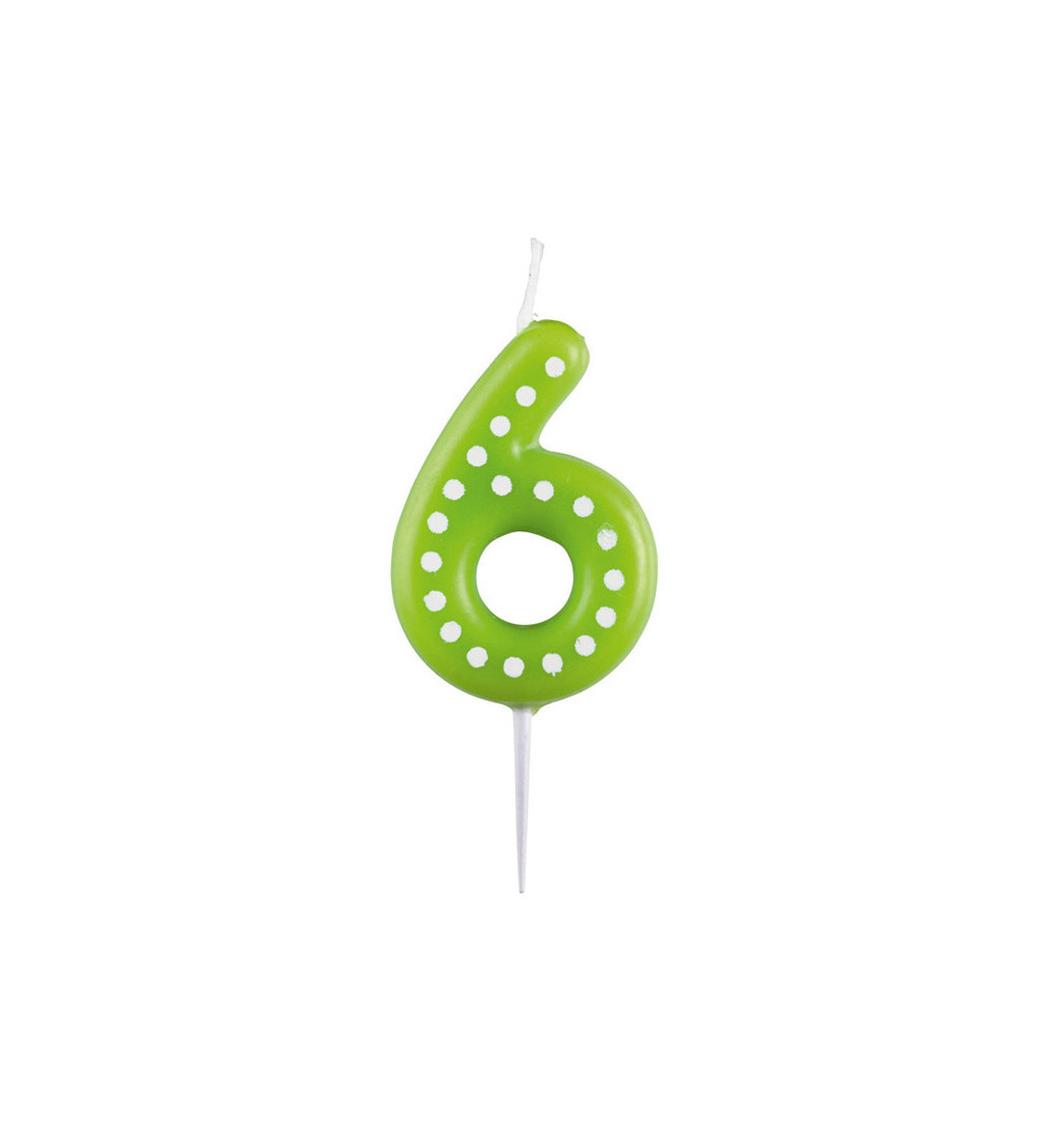 Svíčka dortová - zelené číslo 6 s puntíky