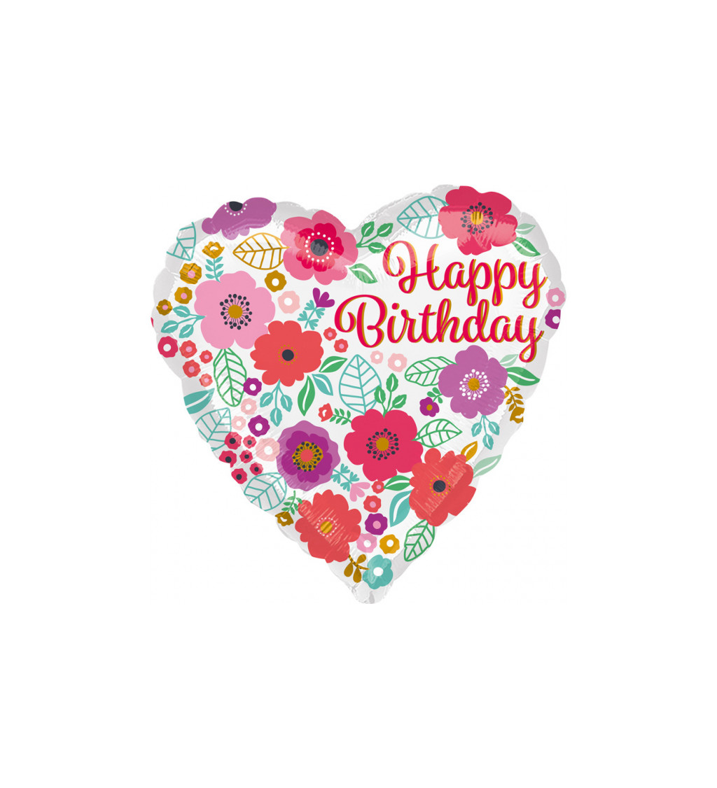 Květinový fóliový balónek Happy Birthday - srdce