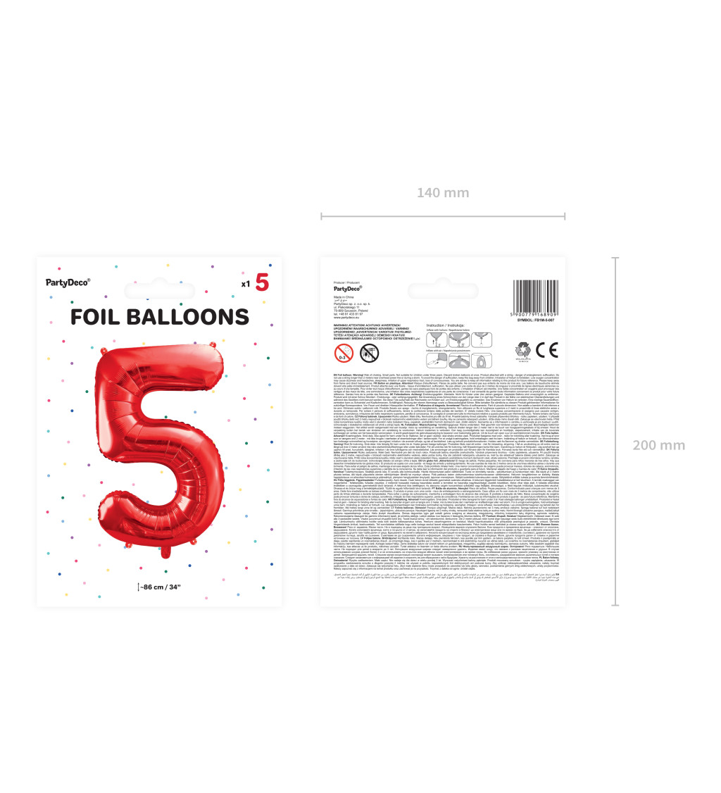 Fóliový balónek - červené číslo 5