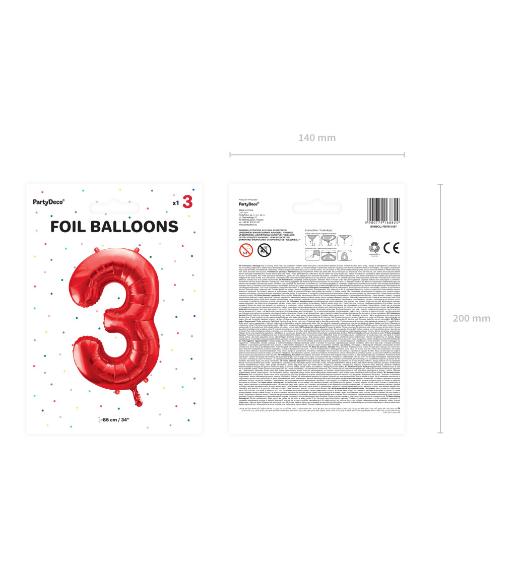 Fóliový balónek číslo 3 - červená