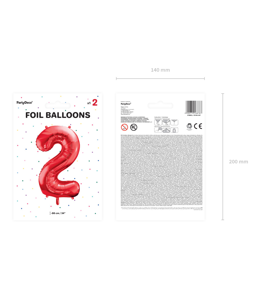 Fóliový balónek s číslem 2 - červený