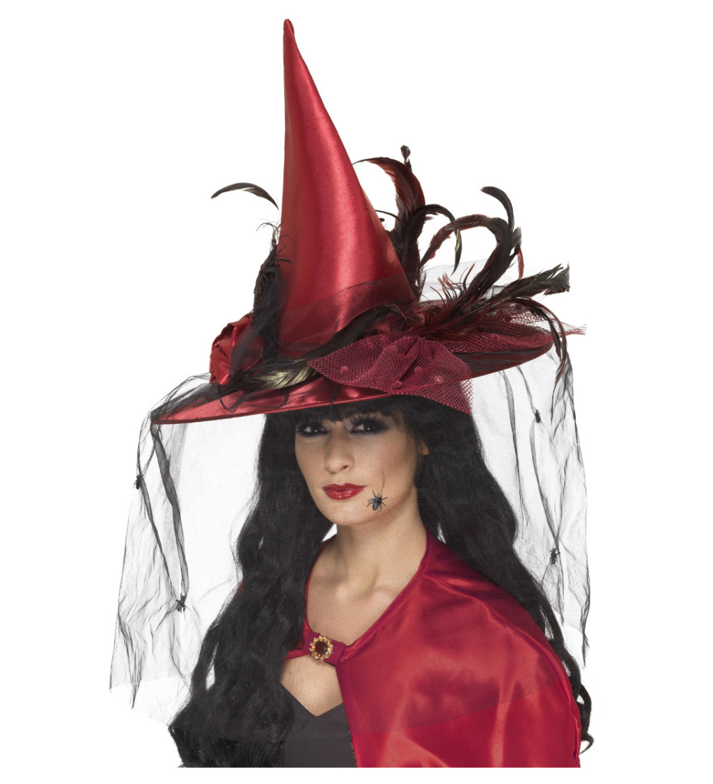 Čarodějnický klobouk s peřím - červený