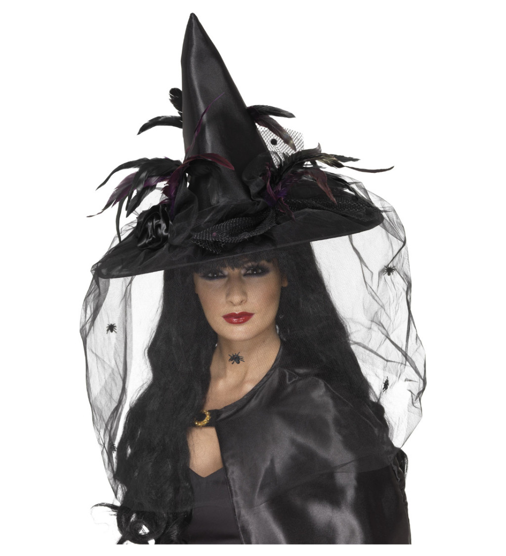 Čarodějnický klobouk s peřím - černý