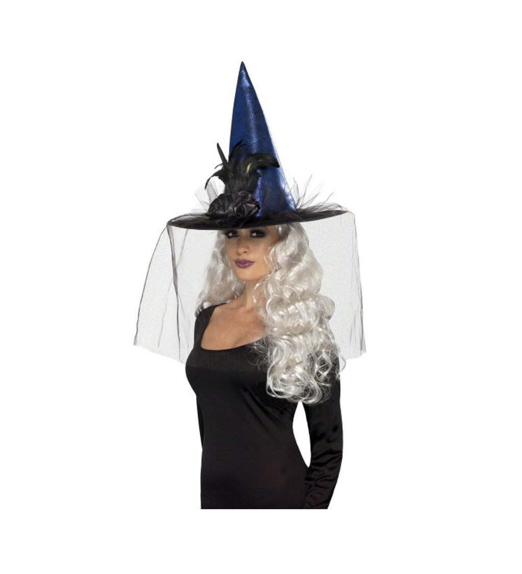 Čarodějnický klobouk s peřím - modrý