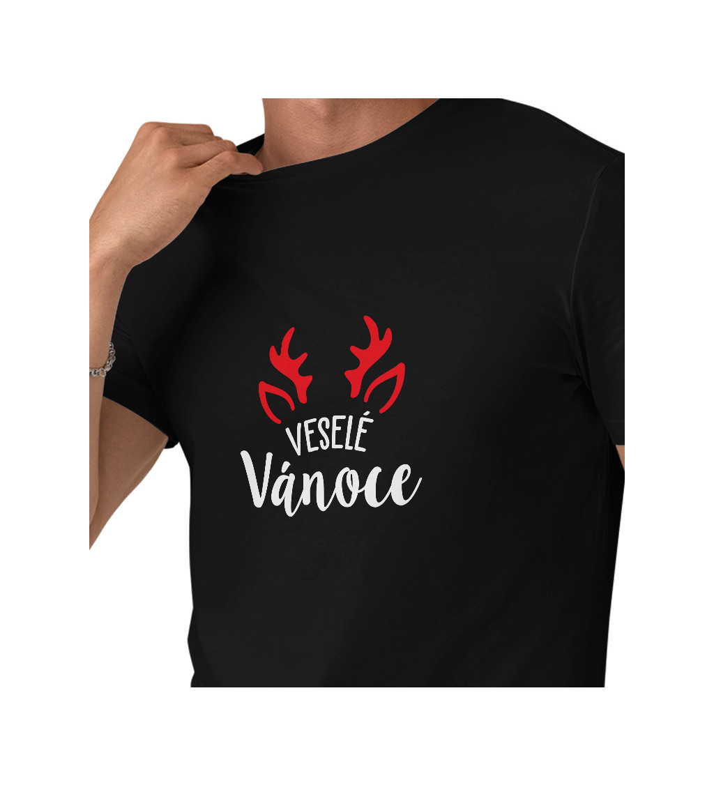 Pánské tričko černé Veselé Vánoce uši,parohy S