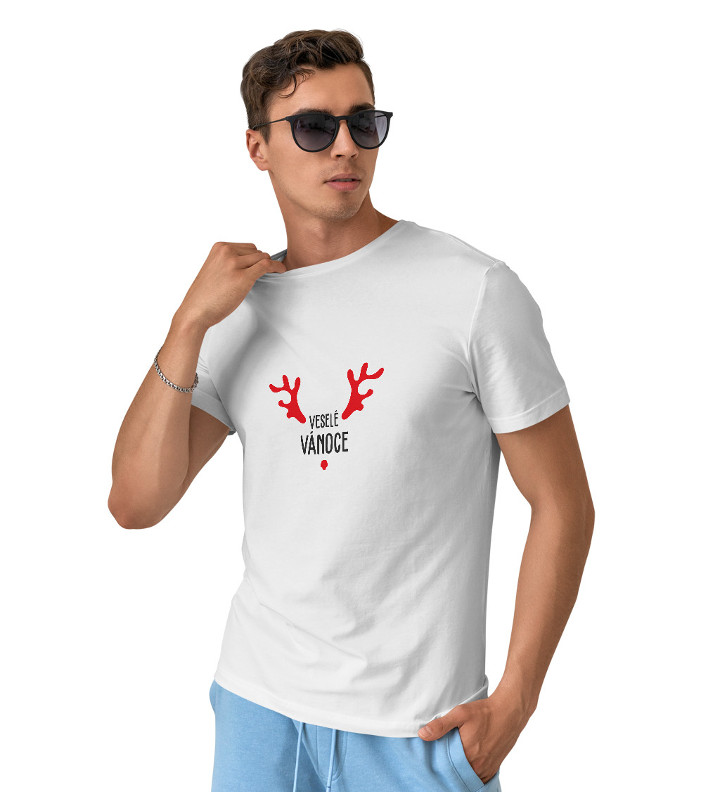 Pánské tričko bílé Veselé Vánoce parohy S