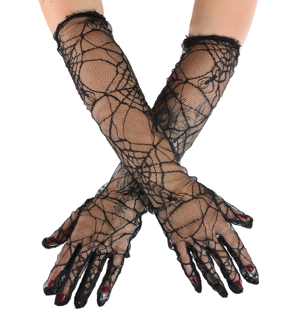Černé dlouhé rukavice s motivem pavučin