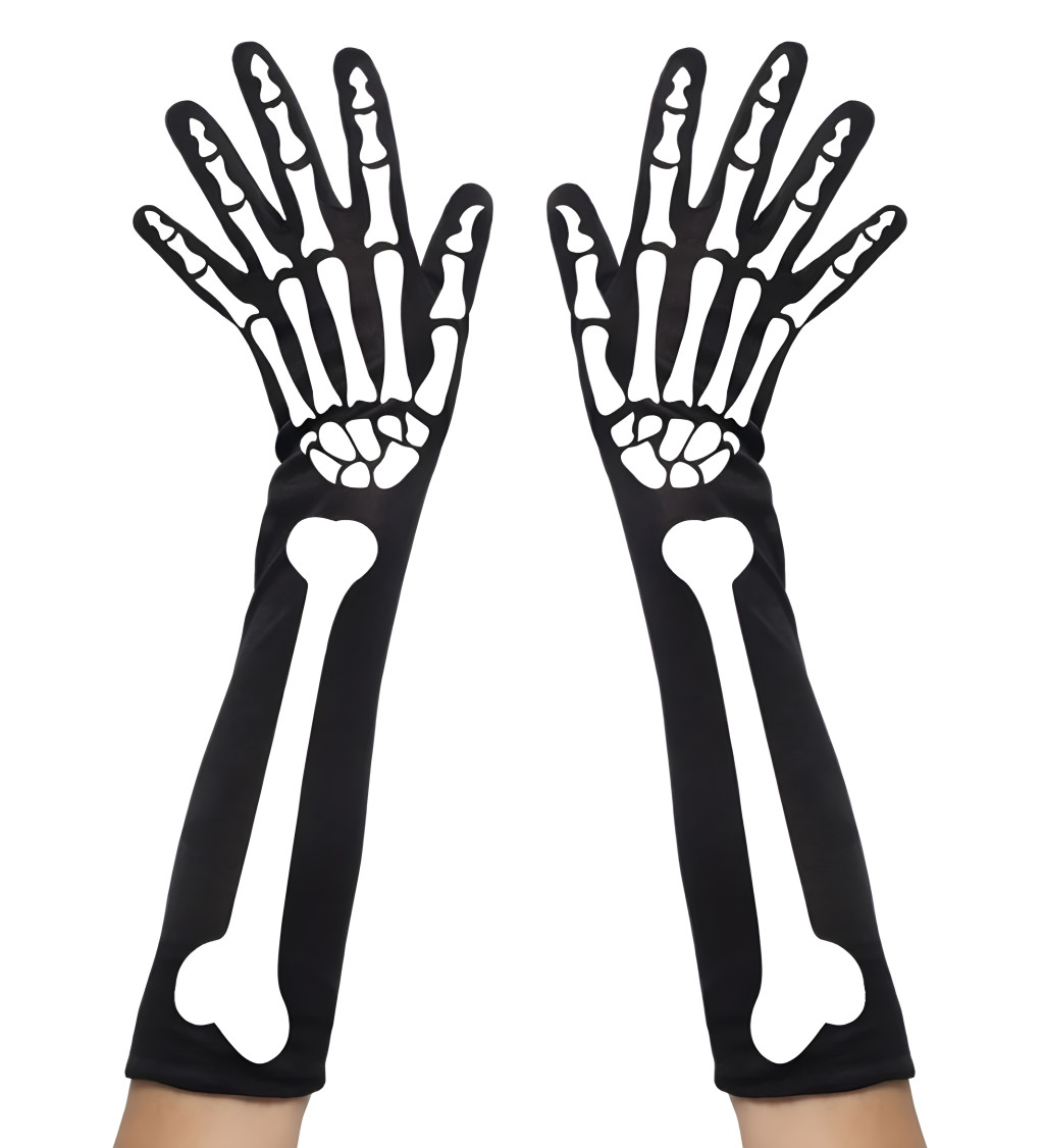 Černobílé dlouhé rukavice s motivem kostlivce