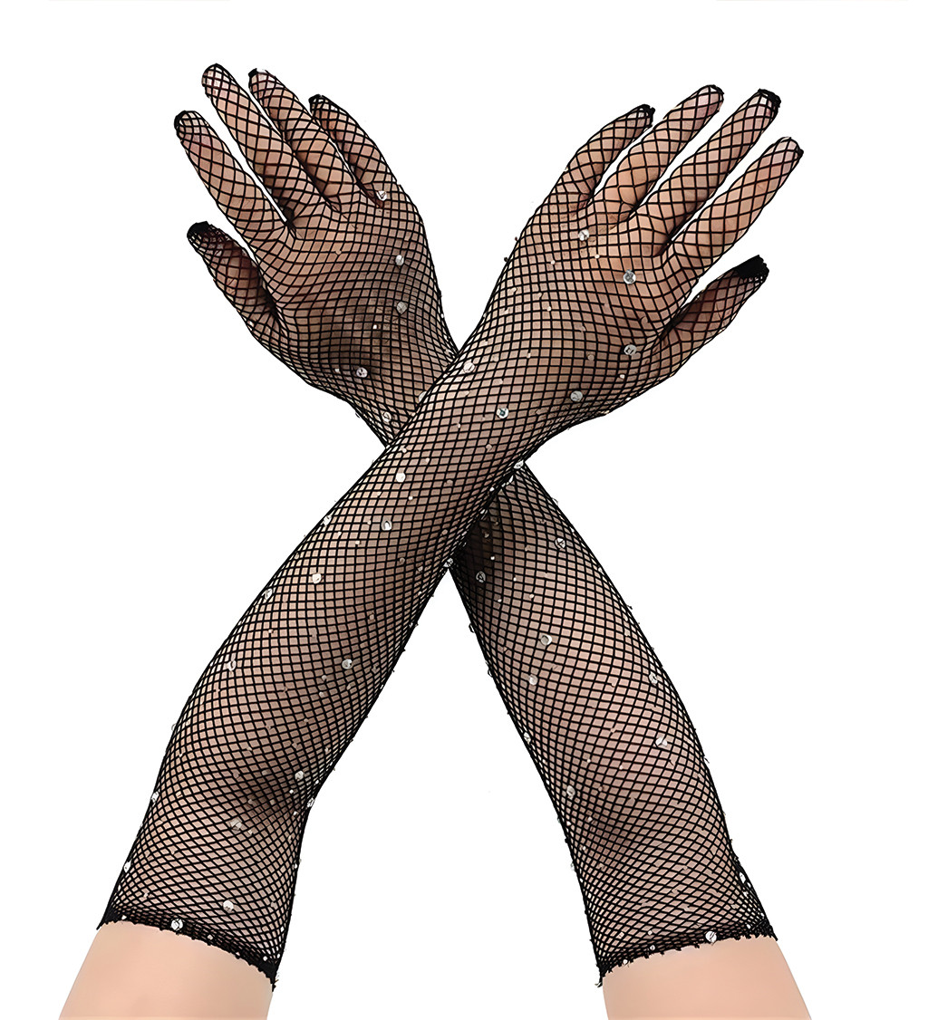 Rukavice – dlouhé černé síťované s kamínky