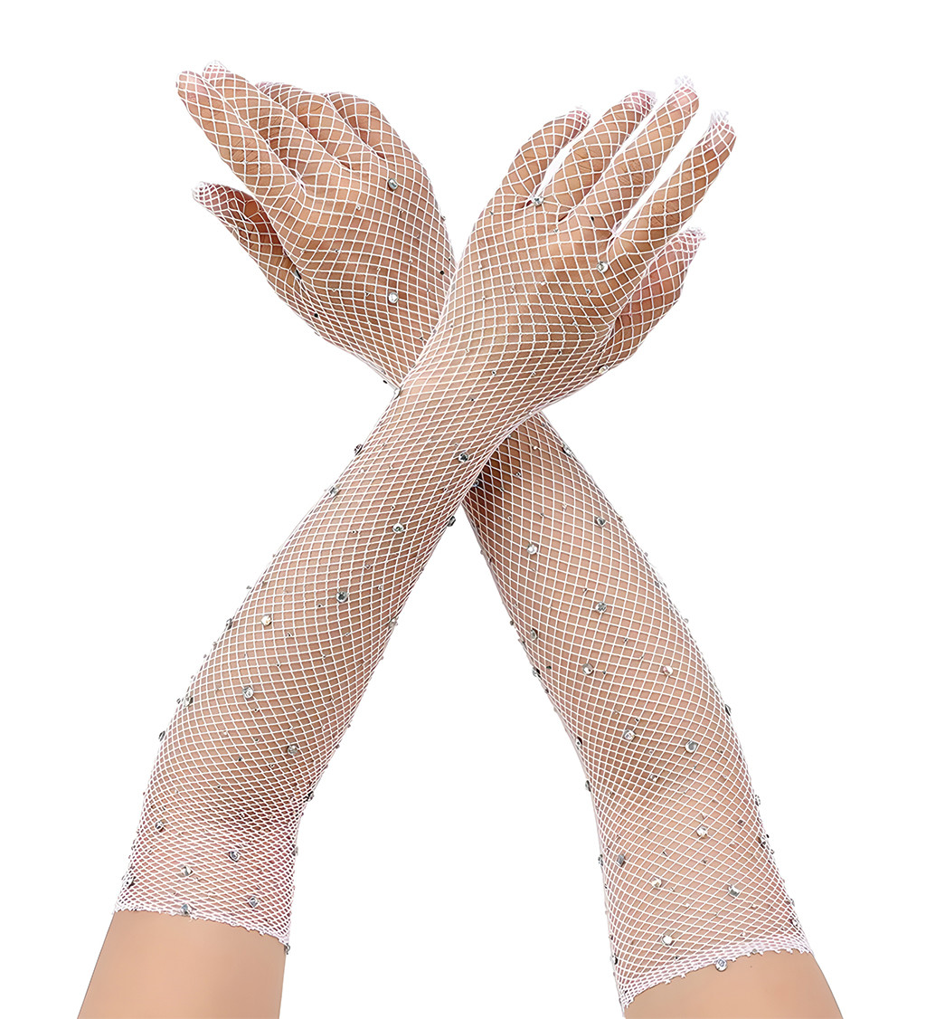 Dlouhé síťované rukavice bílé s kamínky