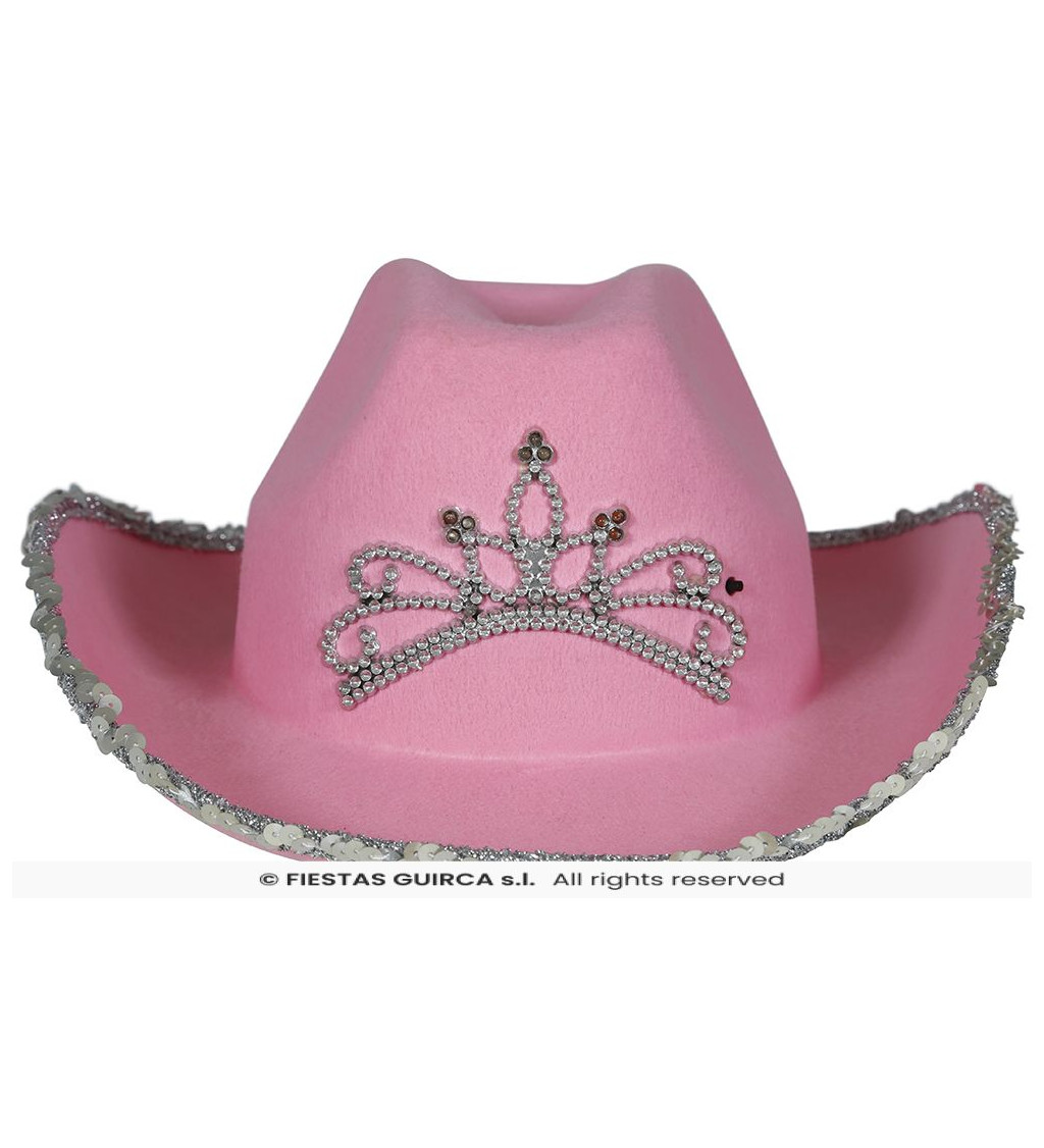 Růžový klobouk s kovbojským stylem a korunkou
