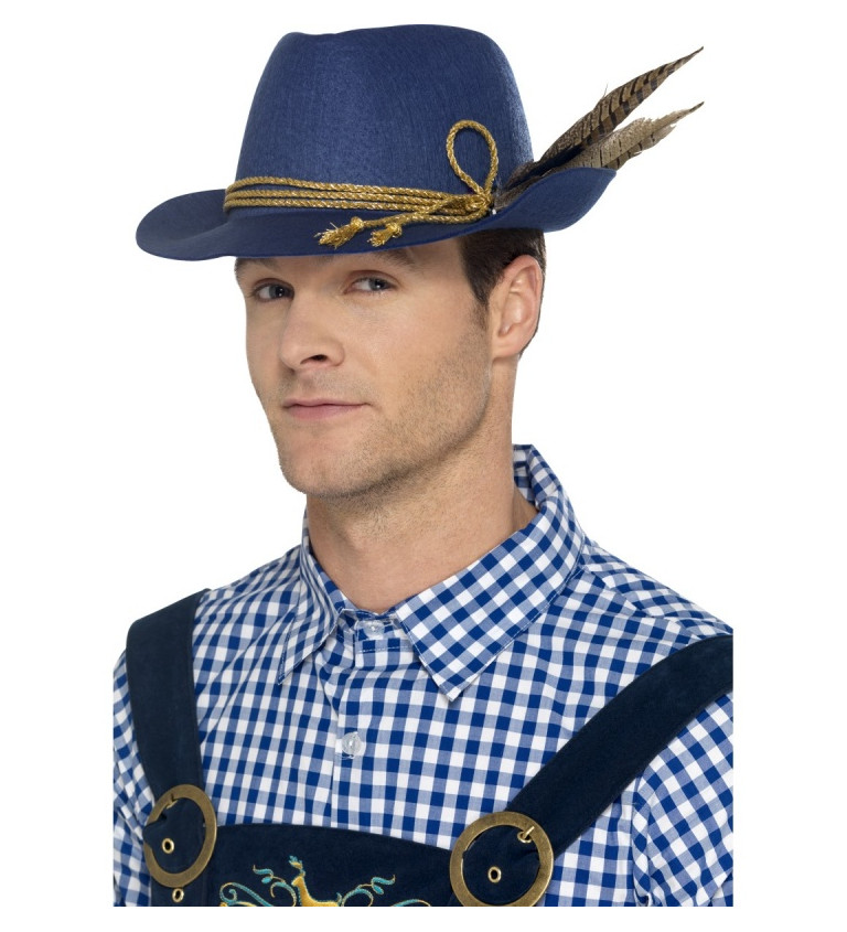 Bavorský klobouk - modrý s pérem