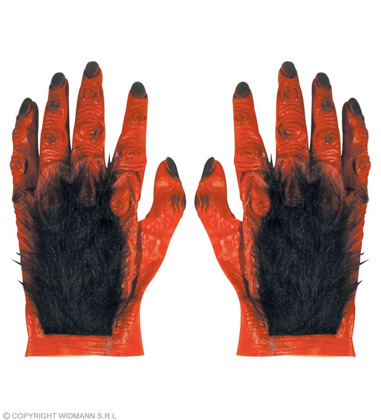 Červené rukavice s černými chlupy