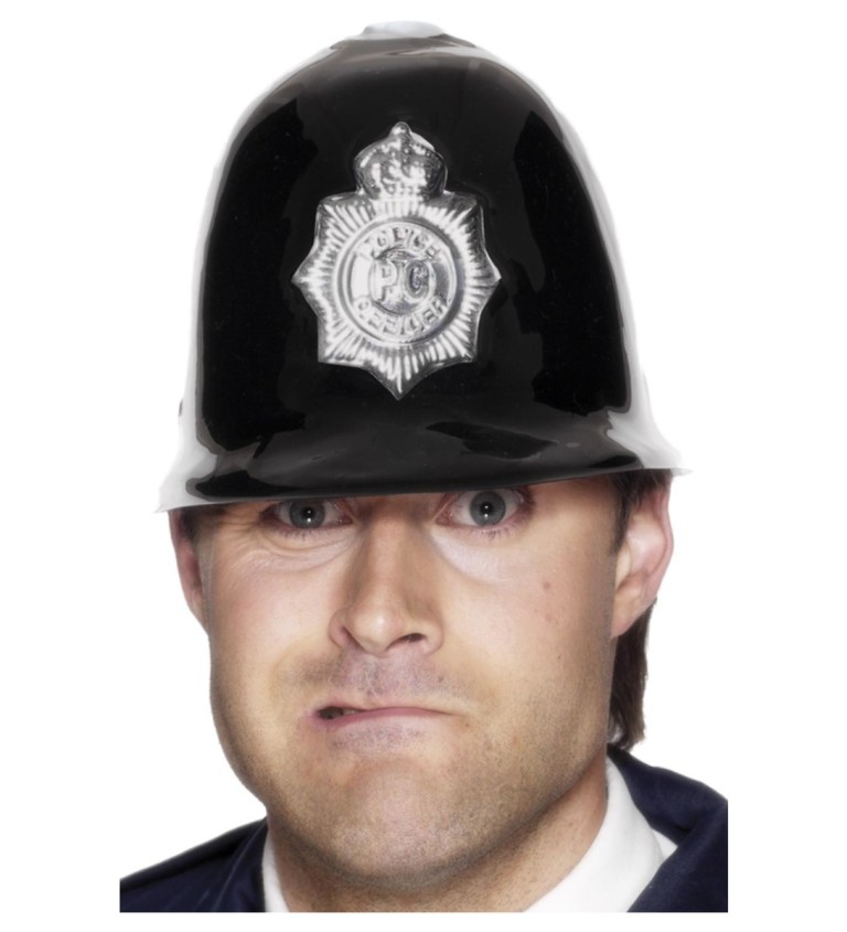 Černá plastová policejní helma s odznakem