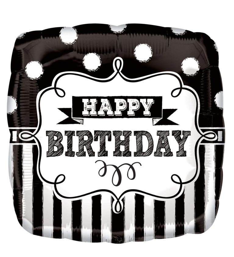 Balónek hranatý - Happy Birthday černo-bílý