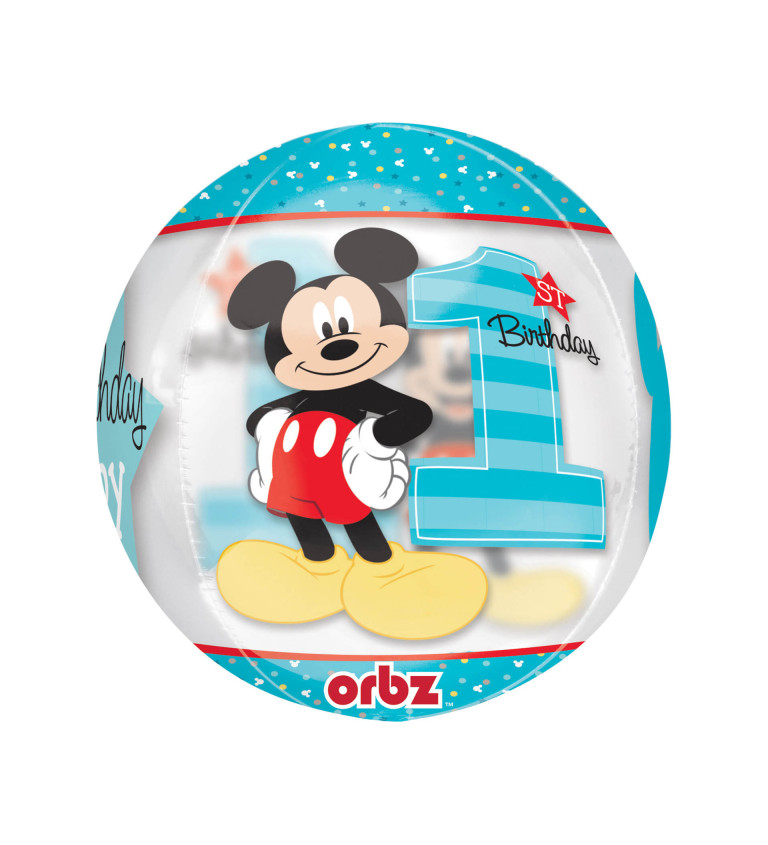 Fóliový narozeninový balónek - kulatý, Mickey Mouse s číslem 1