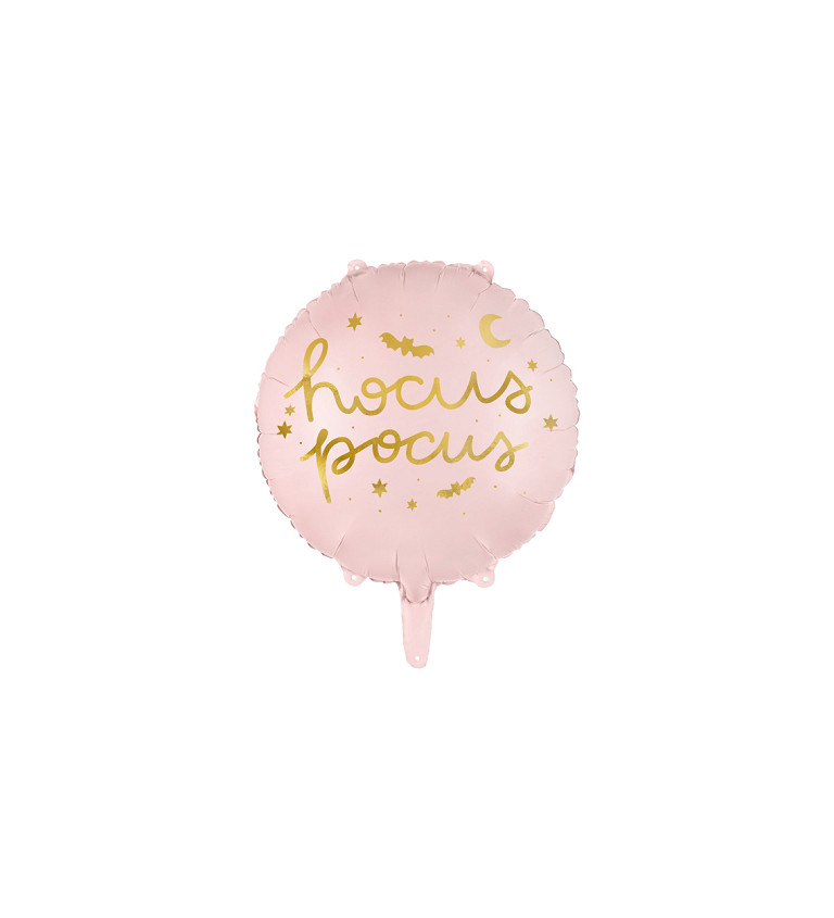 Fóliový balónek - kulatý, růžový s nápisem "hocus pocus"