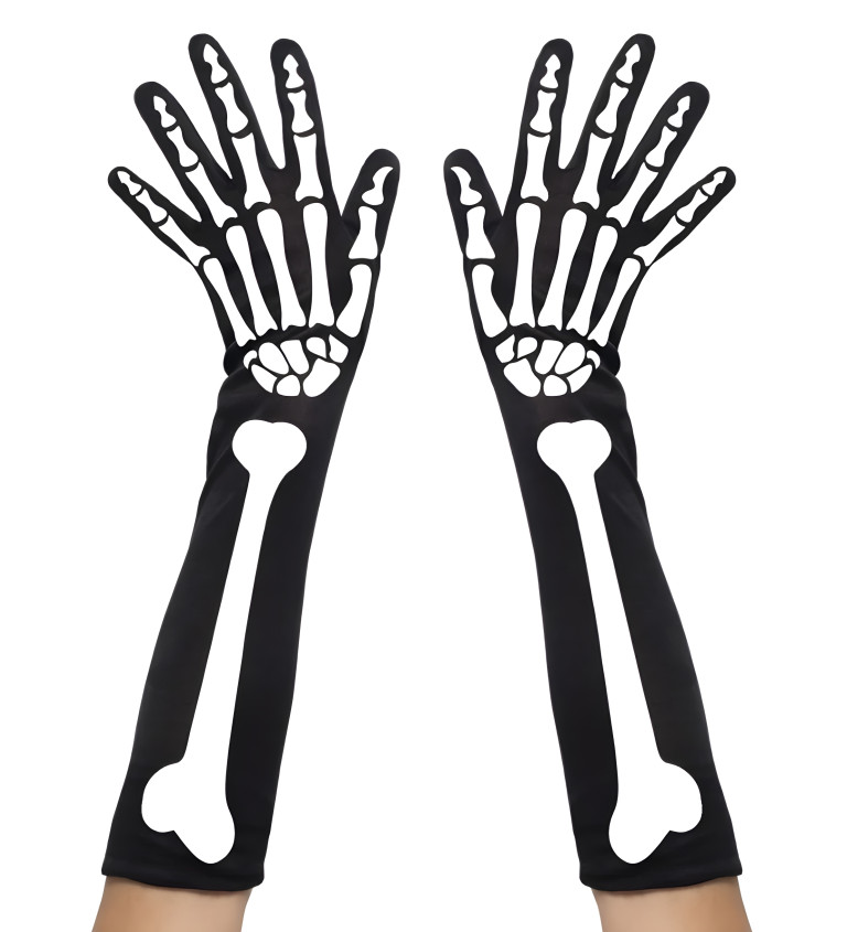 Černobílé dlouhé rukavice s motivem kostlivce