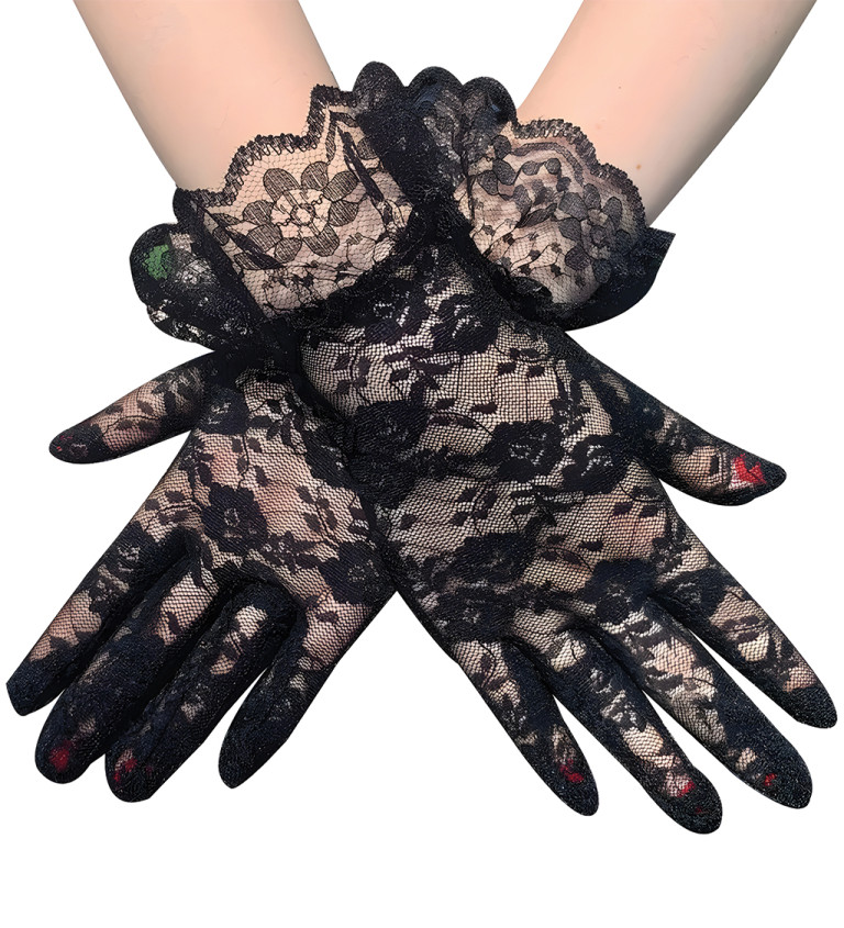 Krátké černé krajkové rukavice