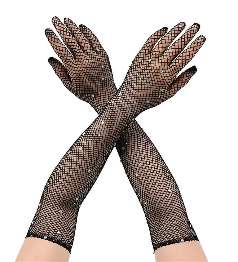 Rukavice – dlouhé černé síťované s kamínky