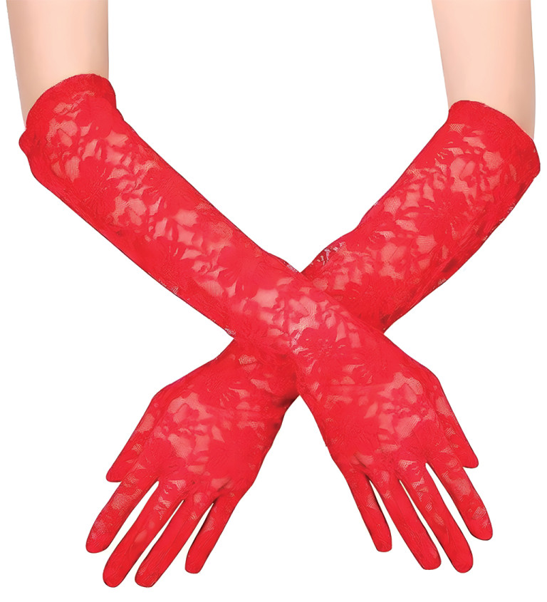 Dlouhé rukavice červené s krajkou